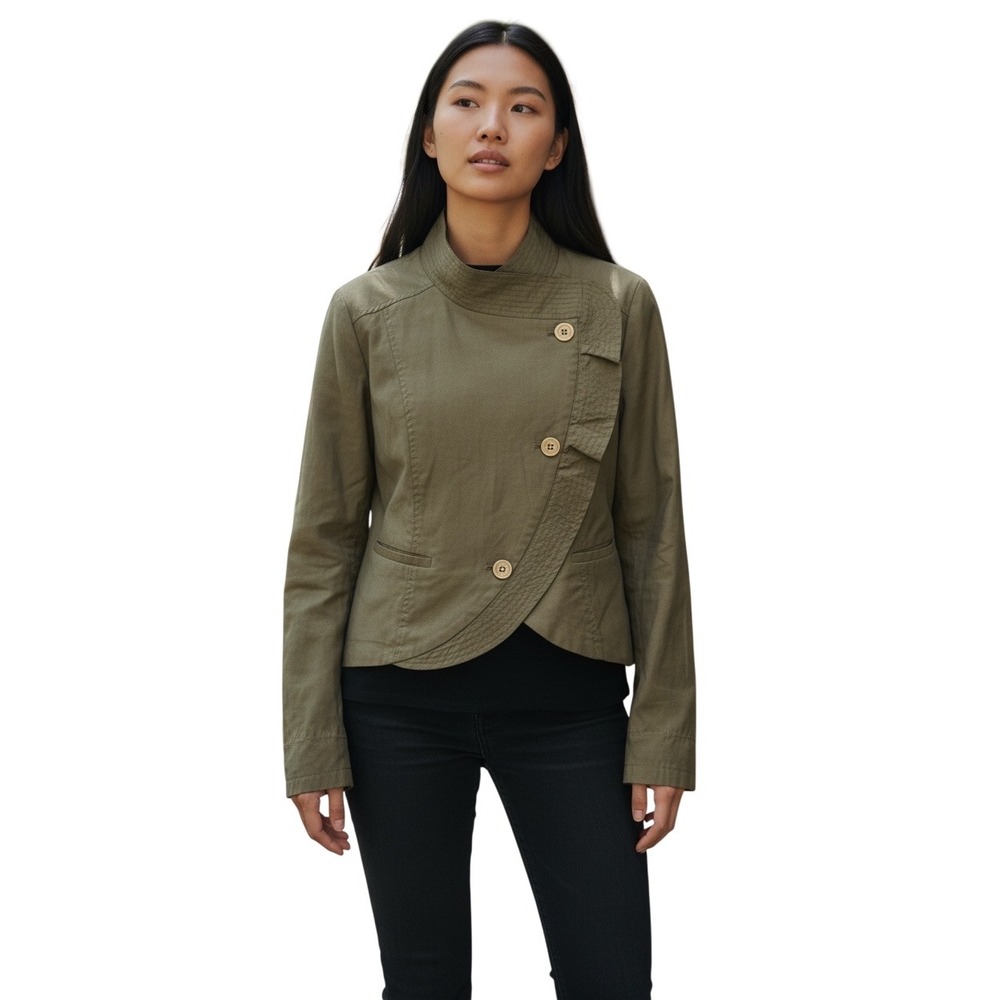 Free People Olive Green Asymmetrical Ruffle Military‎ Blazer Jacket Size 6